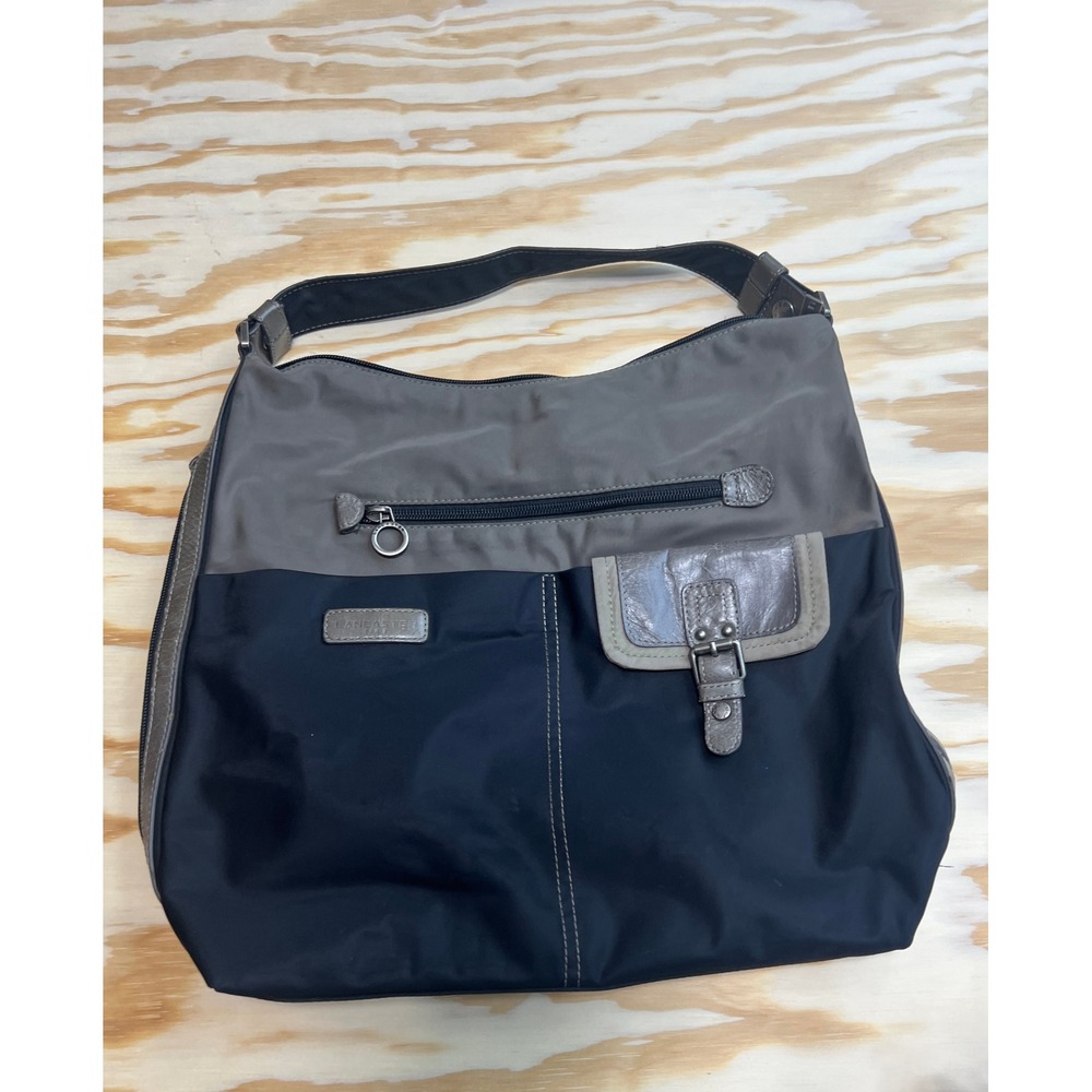 Lancaster Paris Nylon Hobo Bag Navy Blue Taupe Colorblock Shoulder Bag